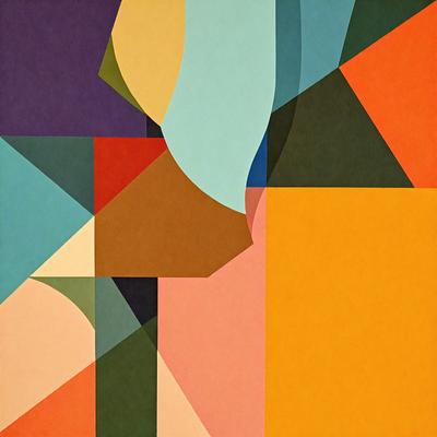 The primary subject of the image is a colorful, abstract art piece featuring a combination of orange, yellow, and purple colors. The setting is a wall, and the visual style appears to be a mix of digital art and illustration. The dominant colors and overall atmosphere of the image are vibrant and lively, creating a sense of energy and creativity.